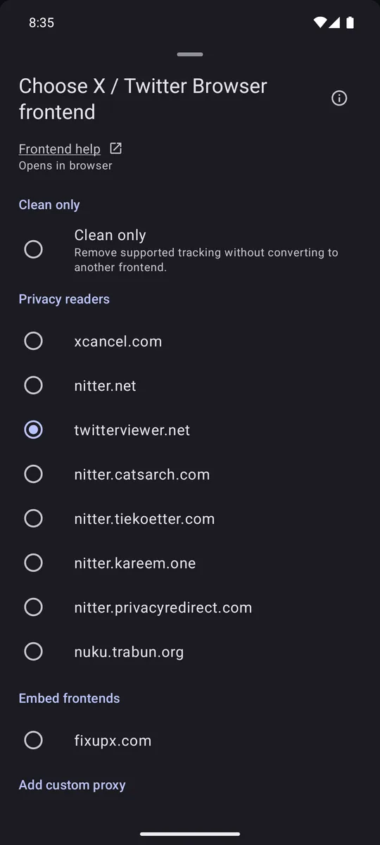 FixupXer Browser frontend picker with a reader selected for X links.