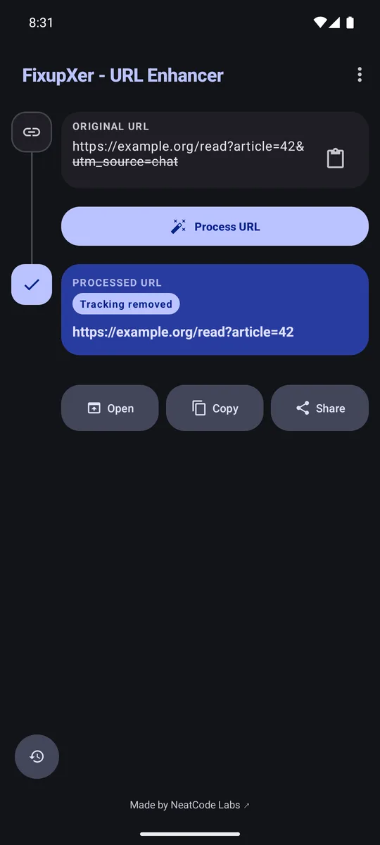 FixupXer shows a cleaned example link with the article=42 value preserved.