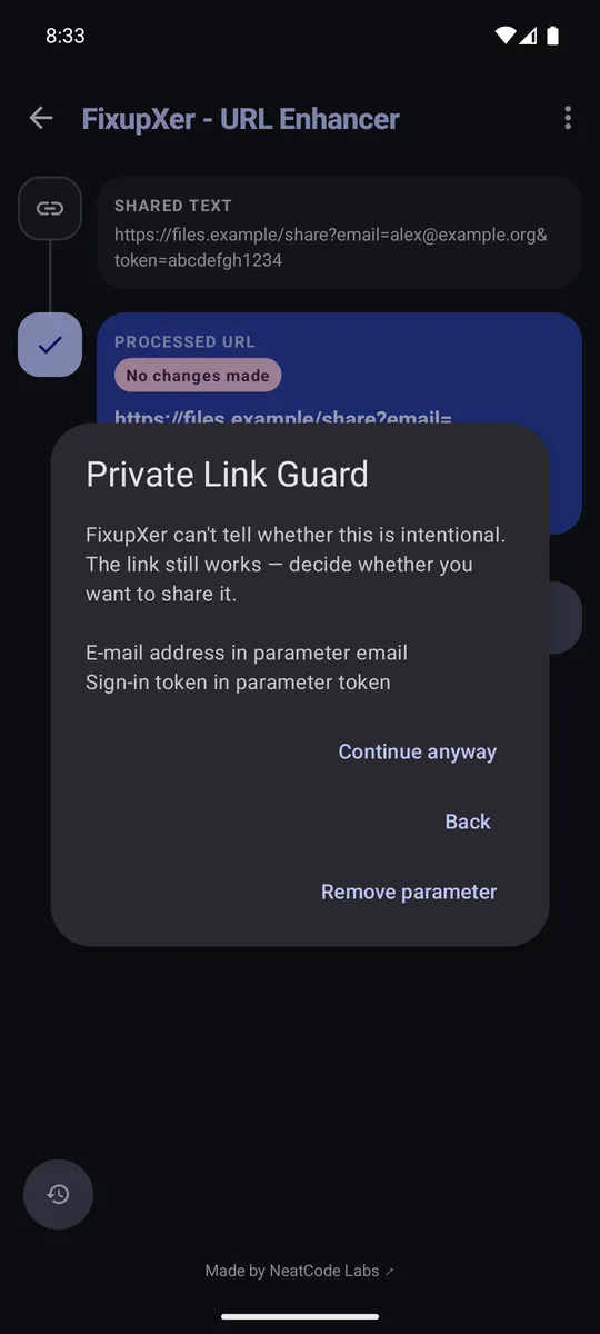 Private Link Guard warns about demonstration email and sign-in token values in a URL.