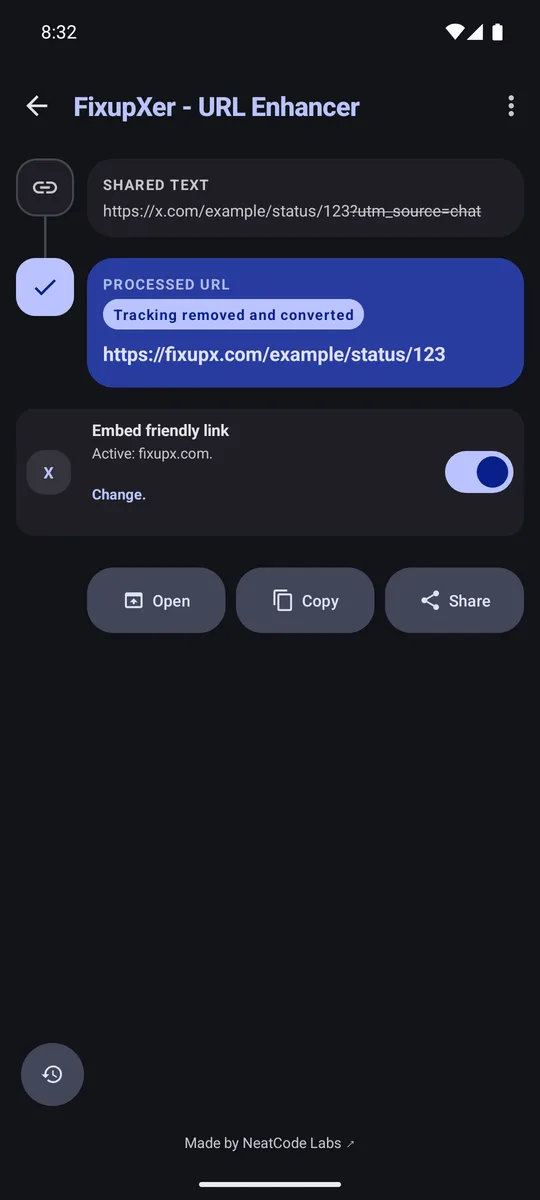 FixupXer Share screen with an embed frontend selected for an X link.