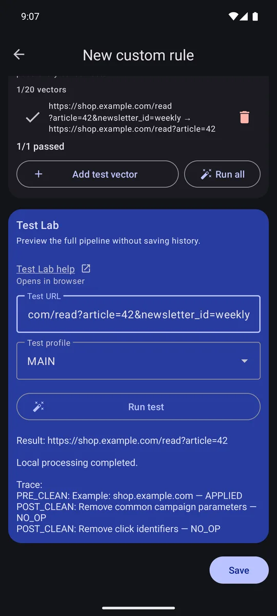 FixupXer Test Lab shows the result of a draft custom URL rule.