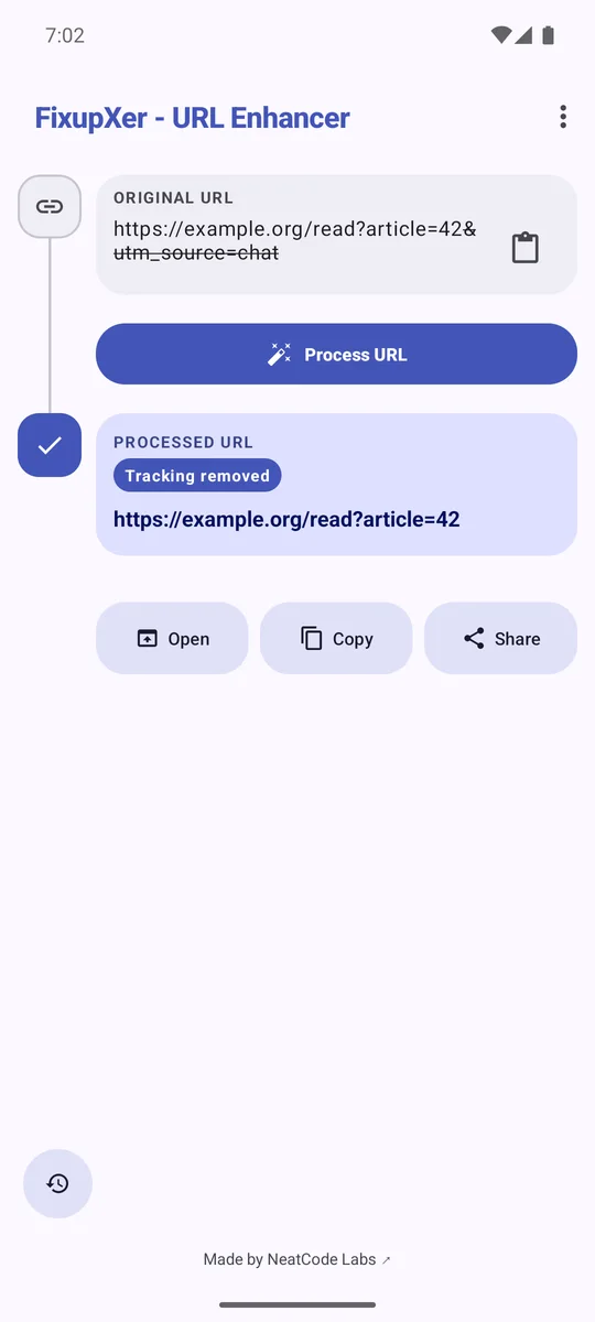 FixupXer shows a cleaned example link with the article=42 value preserved.