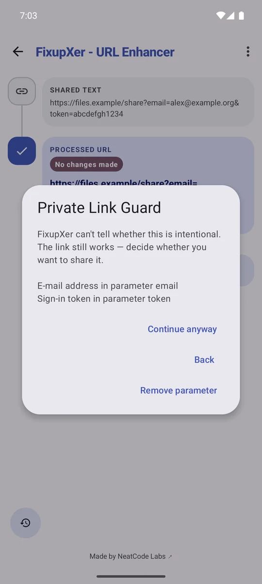 Private Link Guard warns about demonstration email and sign-in token values in a URL.
