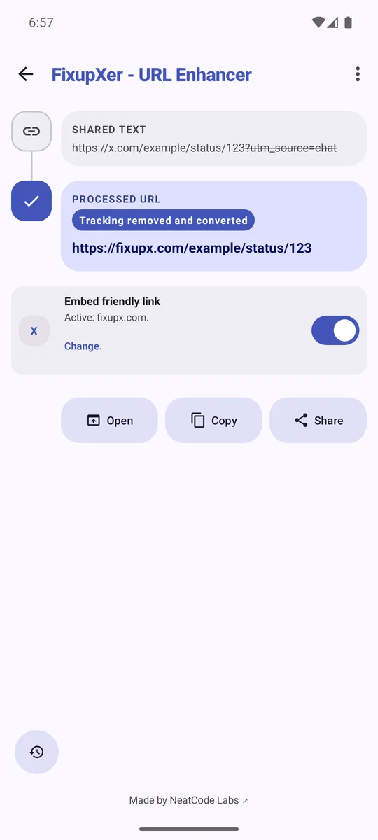 FixupXer Share screen with an embed frontend selected for an X link.