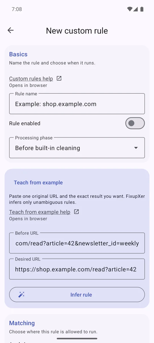 FixupXer uses an original URL and a desired result to draft a site-specific cleanup rule.