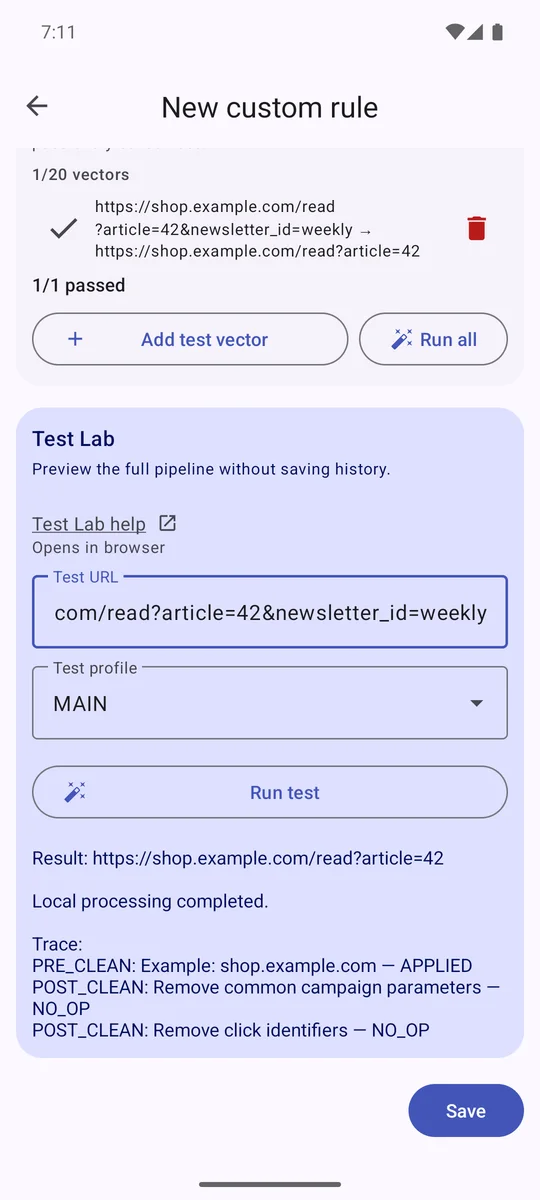 FixupXer Test Lab shows the result of a draft custom URL rule.